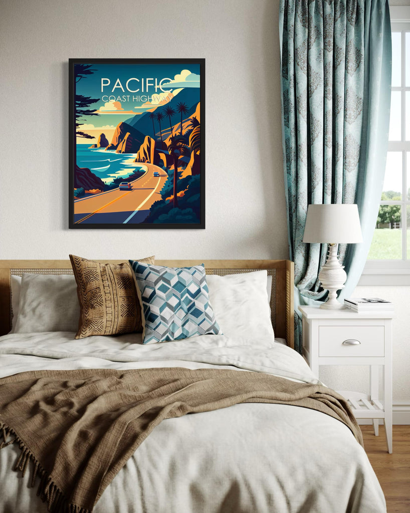 Pacific Coast Highway Black Framed Poster Print, Retro City Mountain and Lake Landscape Artwork, Wall Vintage Decor