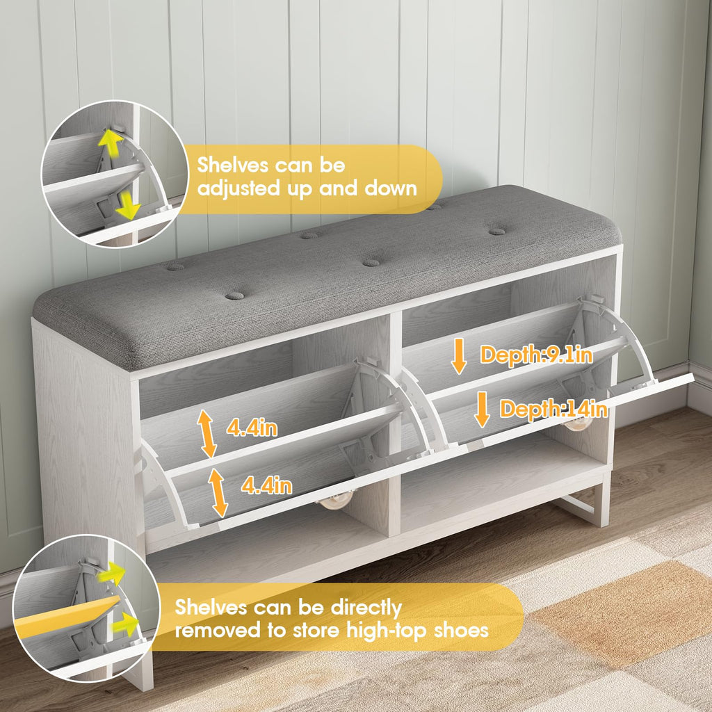 Shoe Cabinet with 2 Flip Drawers & Coat Rack, Shoe Storage Bench with Seat Cushion, 5 Large Sturdy Metal Hooks