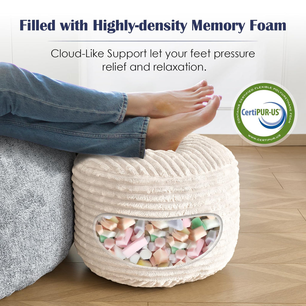 Stuffed Round Ottoman, Pouf Ottoman Foot Rest, 18 X 14, Beige