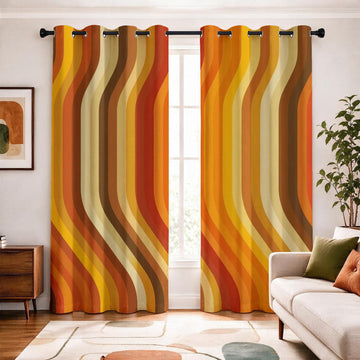 Retro 70S Curtains Decor, 72 Inches Long, Vintage Stripes Orange Warm Tones Pattern Design Blackout Drapes, Mid