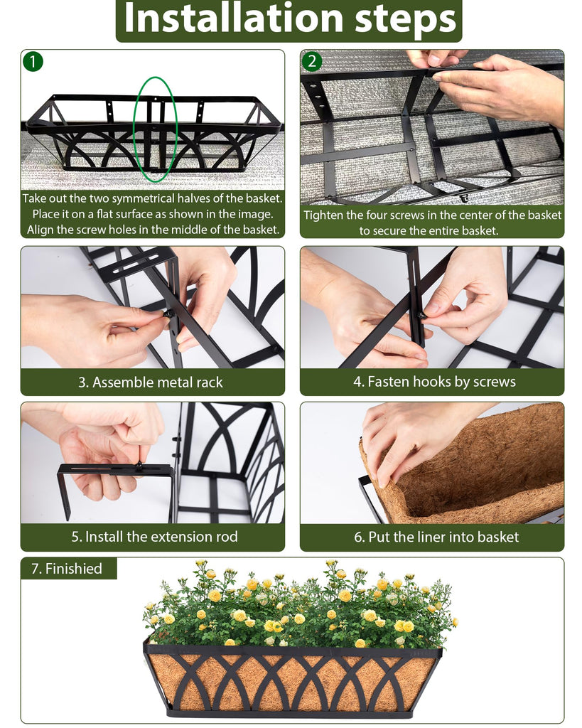 Deck Railing Planter Window Box - 2 Pack 24 Inch Deck Balcony Rail Planter with Coconut Coir Liner, Fence Metal