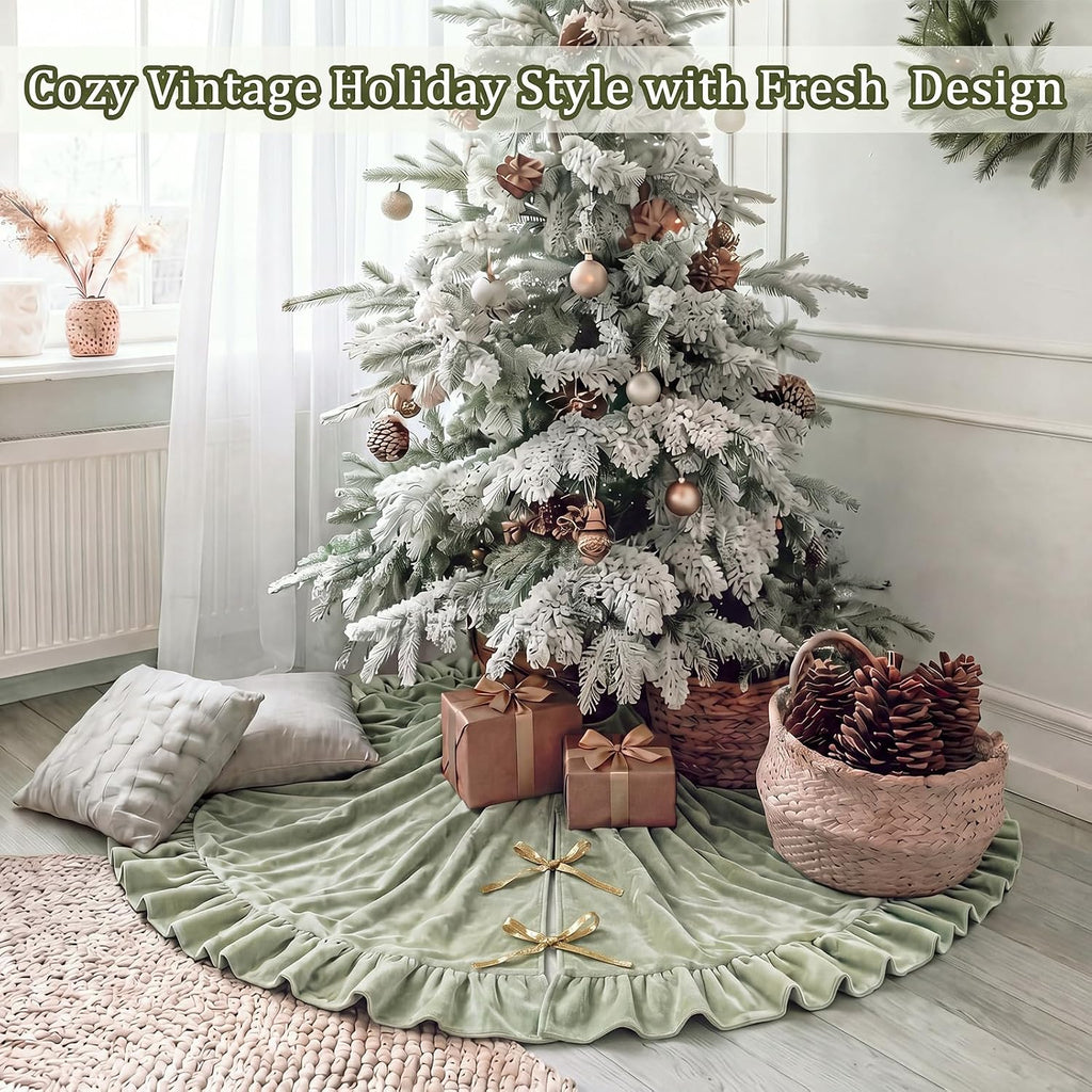 Velvet Christmas Tree Skirt, 48 Inches, Bow Style, Sage Green
