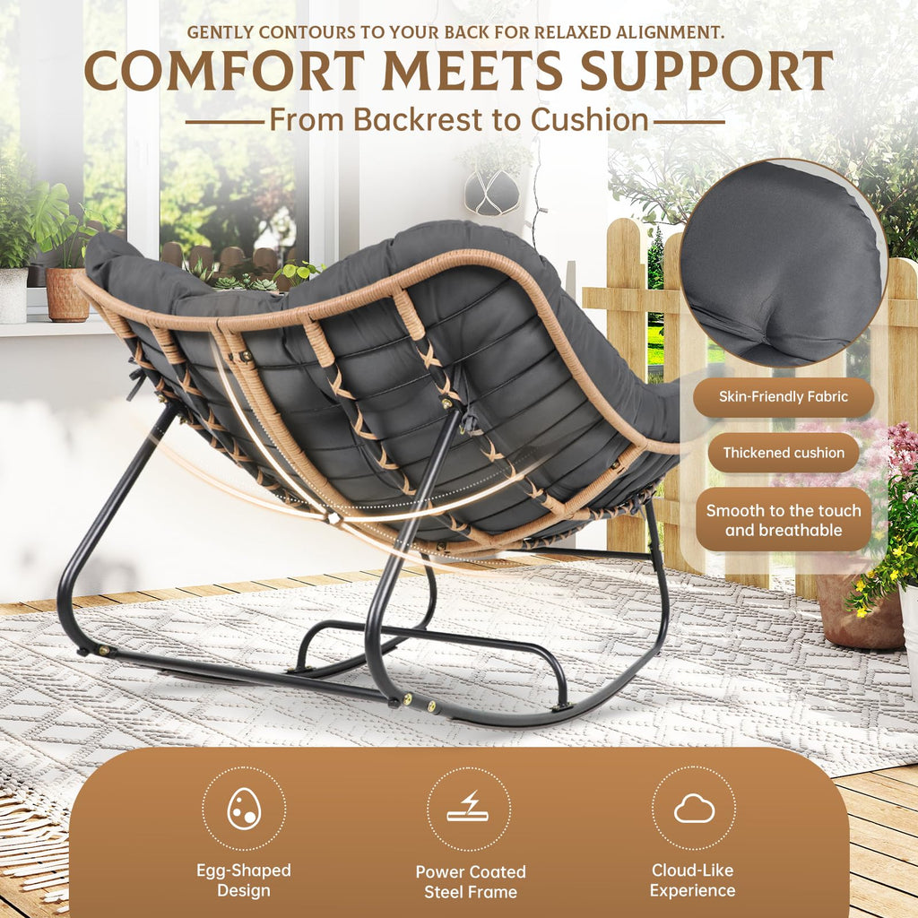 Oversized Wicker Rocking Chair Indoor Outdoor, 450 LBS Heavy Duty Patio Papasan Egg Chair with Cushion, E-Coated
