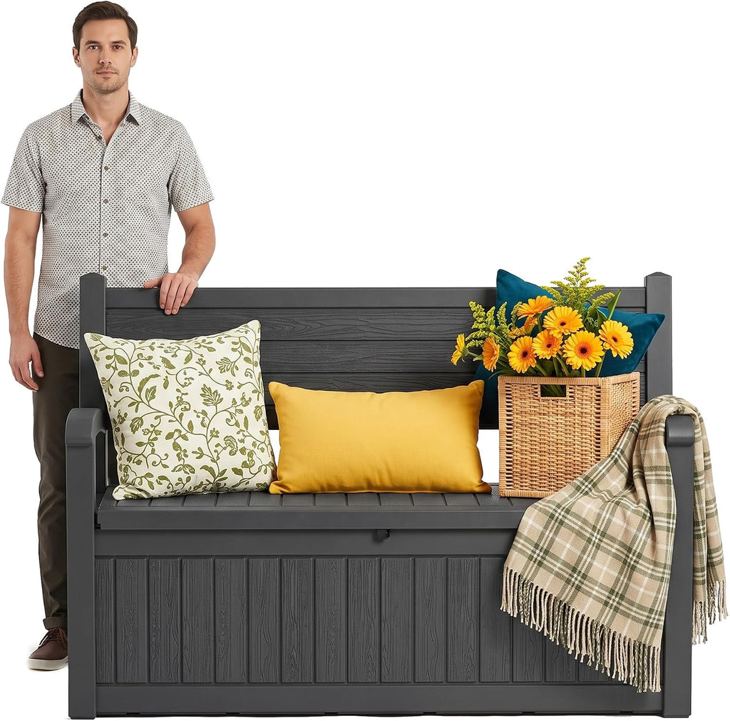 Outdoor Bench, Waterproof Garden Storage Bench, 100 Gallon Deck Box | Lockable Resin Bench Seating Weatherproof
