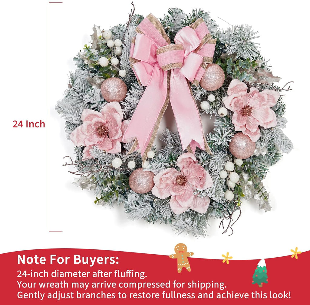 Pre-Lit Christmas Wreath for Front Door, 24 Inch Large Xmas Wreath for Holiday Decor, Battery Operated Xmas Lighted