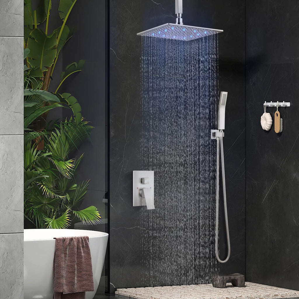 Ceiling Shower Faucet Set with Handheld 12" LED Head Brushed Nickel