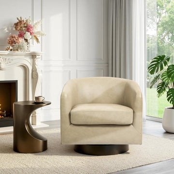 Faux Leather Swivel Accent Chair, Barrel Club Armchair, Cream