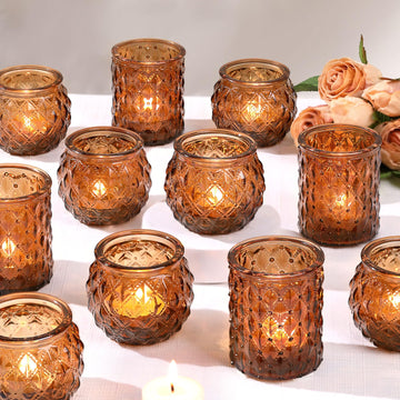 Amber Votive Candle Holders Set of 24- Round Candle Holders Bulk, Glass Candle Holder for Vintage Decoration, Tea