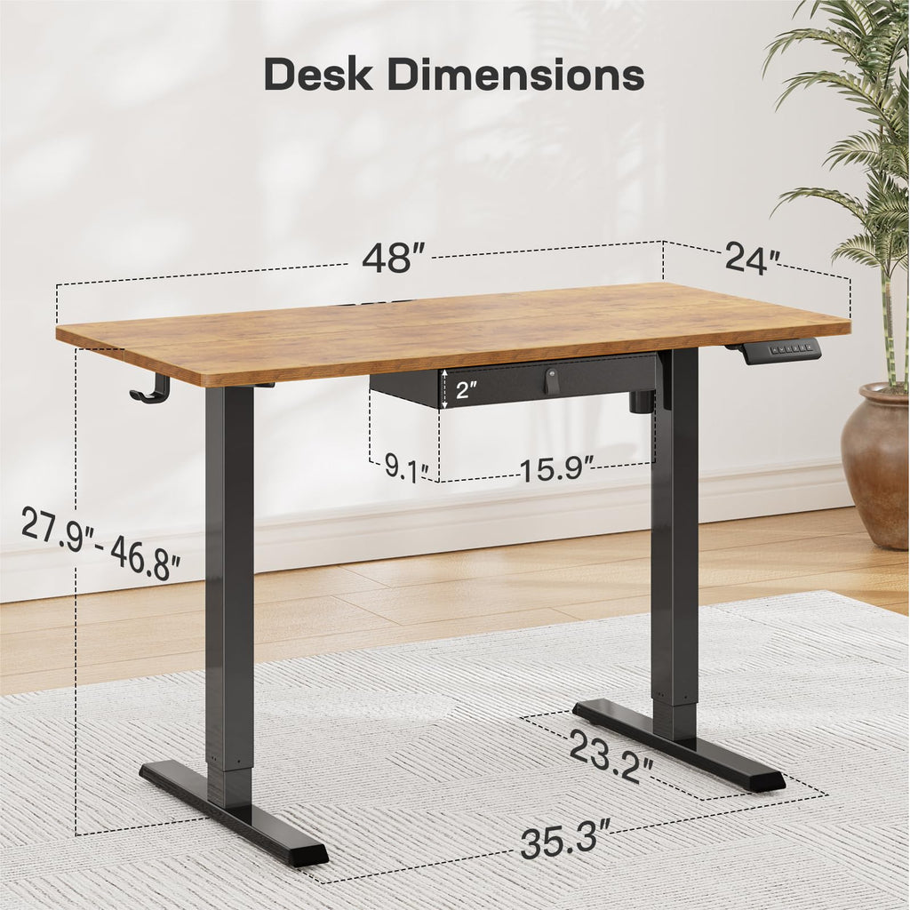 48x24 Electric Standing Desk with Drawer, Computer Desk, Sit Stand Office Table with Storage & Hooks & Cable