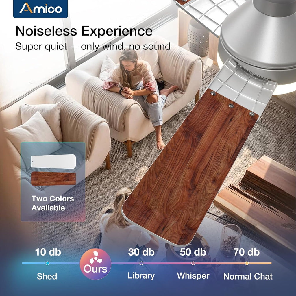 Ceiling Fans with Lights, 52 inch Low Profile Ceiling Fan with Light and Remote Control, Flush Mount, Reversible, 3CCT, Dimmable, Noiseless, Silver Ceiling Fan for Bedroom, Indoor/Outdoor Use A102-B0D87BJZ37