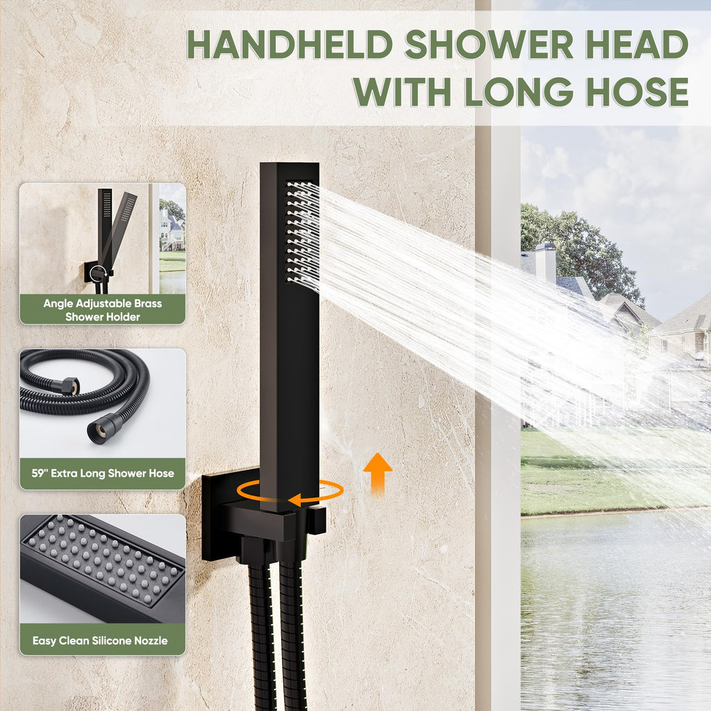 Black Shower System, Wall Mounted Shower Faucet Set with Valve, 10-Inch Rainfall Shower Head with Handheld Combo