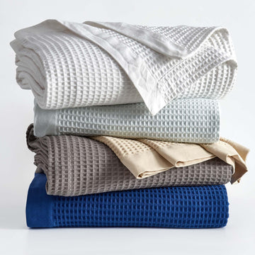 100% Cotton Blue Blanket Full/Queen Size for Bed - Breathable and Soft, Waffle Weave for Summer Spring, 90x90 Inches