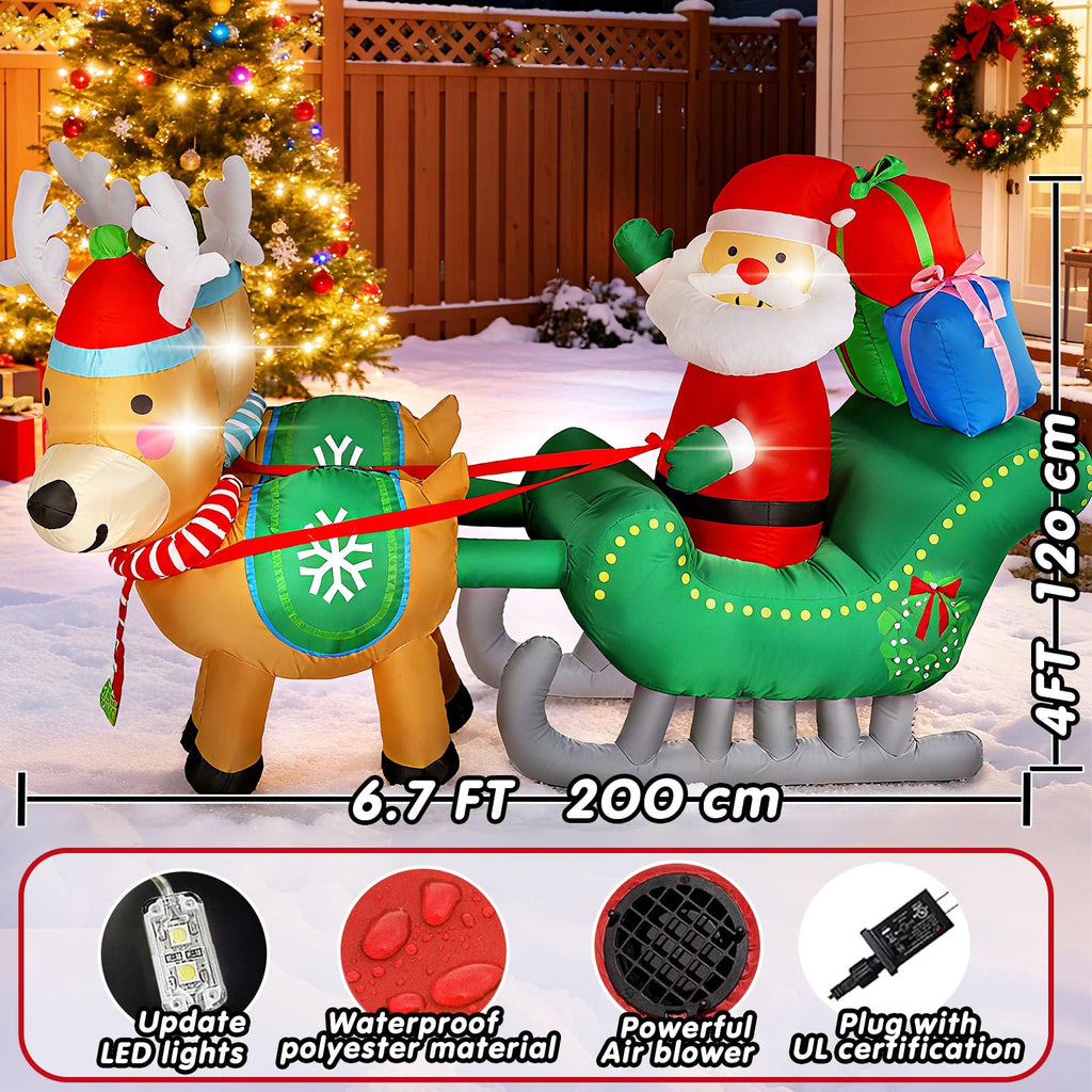6.7FT Christmas Inflatable Santa Sleigh with Two Reindeer, Christmas Blow Up Yard Decorations, Outdoor Christmas