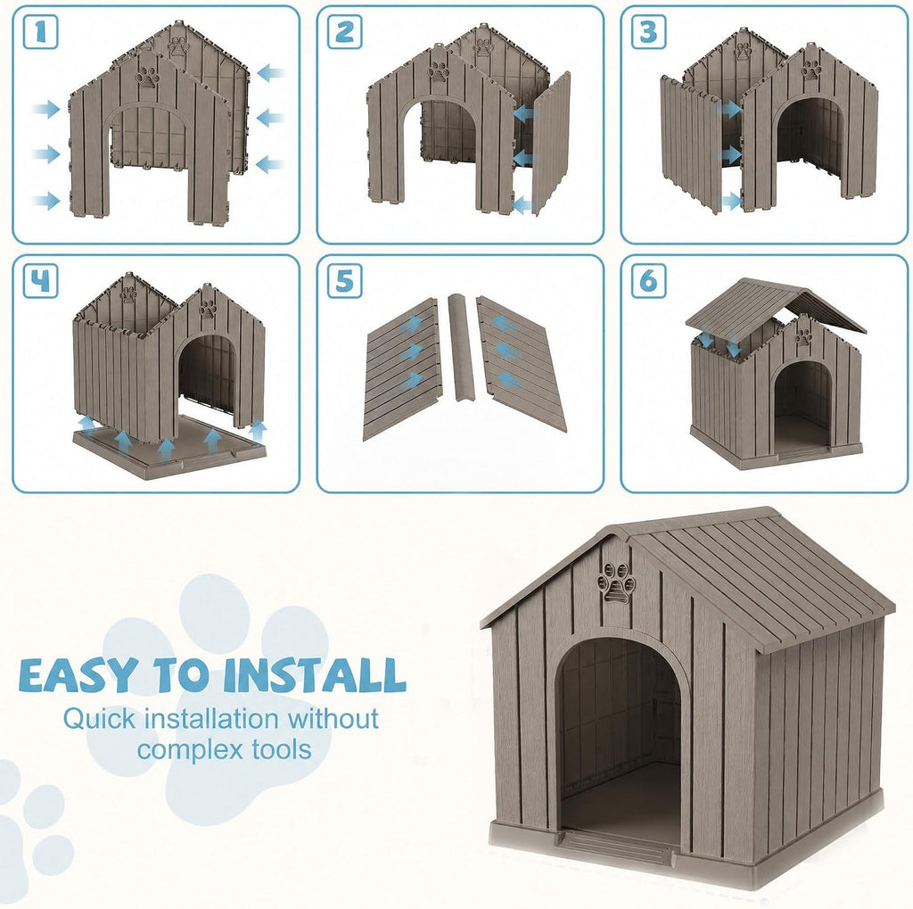 43Inch Large Dog House Outdoor, Waterproof Resin Dog Kennel Shelter Indoor
