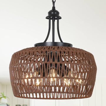 Coffee Rattan Chandeliers, 5-Light Coastal Chandelier with Wicker Lampshade, Large Farmhouse Light Fixture, Boho