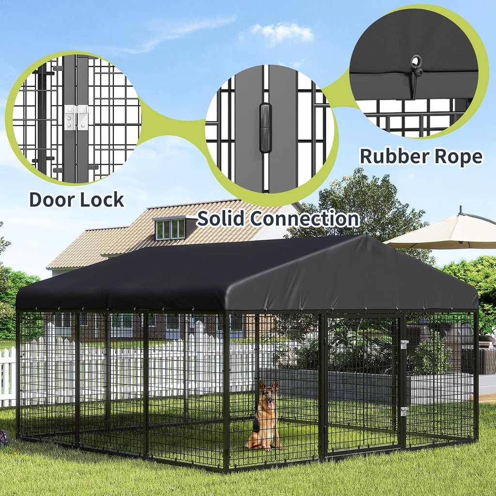 118" x 118" Outdoor Dog Kennel Steel Ideal Dog Fence for Medium/Small Dogs Anti-Rust Coating Cage with Roof All