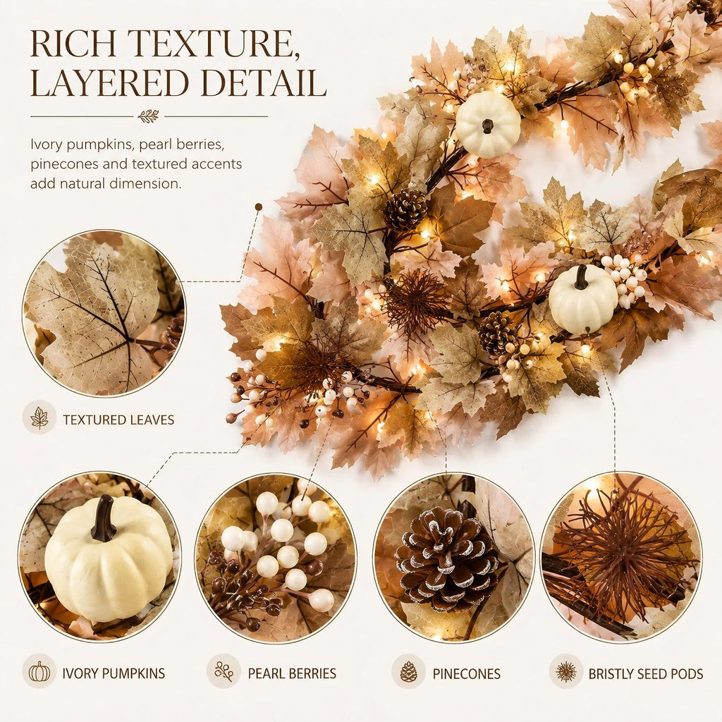 Fall Decor Garland with Lights, 6Ft, 30 Warm LED, White Pumpkins