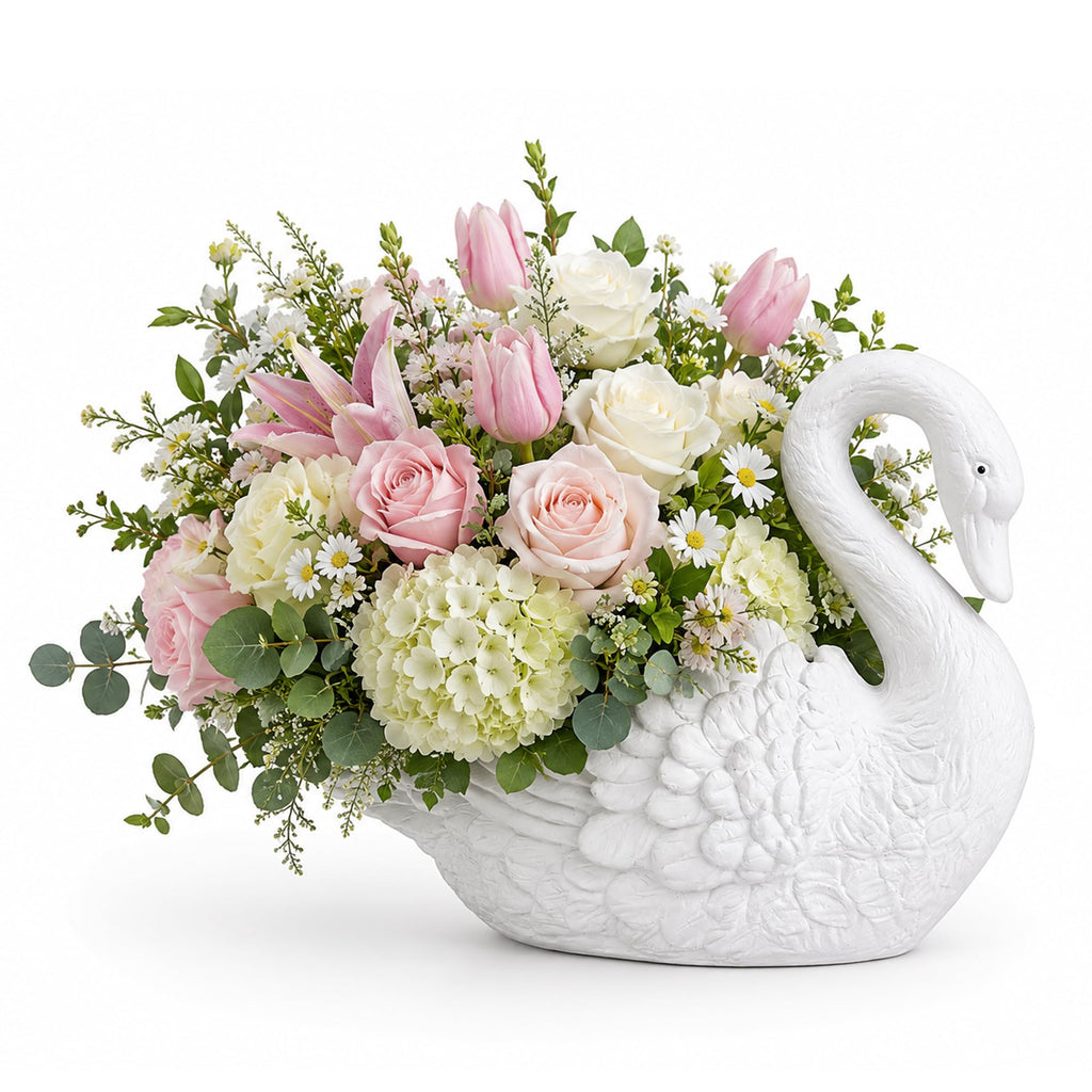 Swan Cast Stone Planter Garden Decor - White