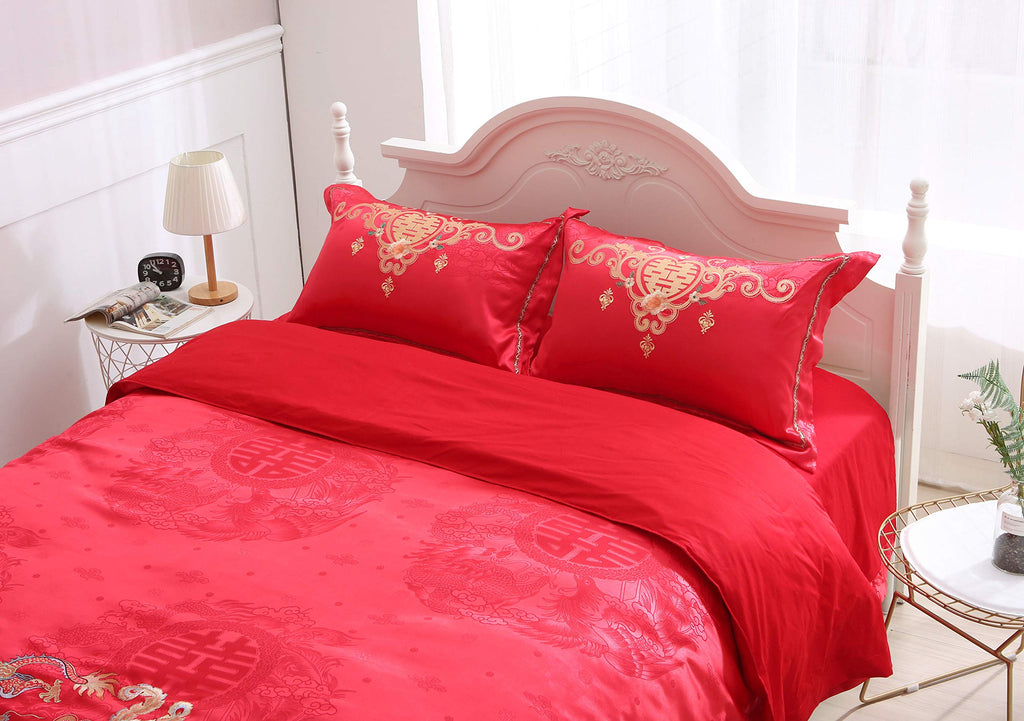 Chinese Wedding Bedding Set Queen 4Pcs - Red Satin Sheets with Dragon & Phoenix Embroidery, 100% Cotton Satin, Duvet