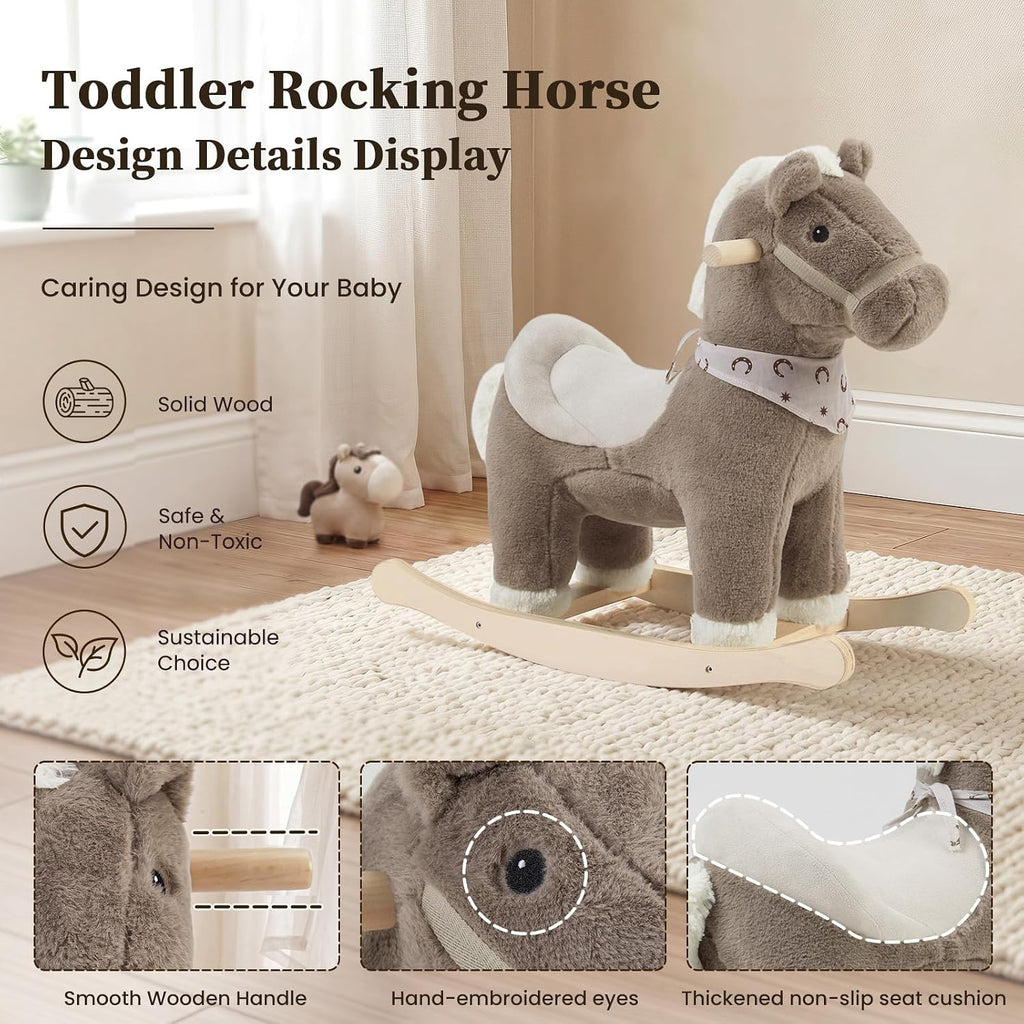 Rocking Horses Ages 1-3 Wooden Toddler Rocking Horse Plush Ride on Horse Toy with Realistic Sound Brown Horse Rocker