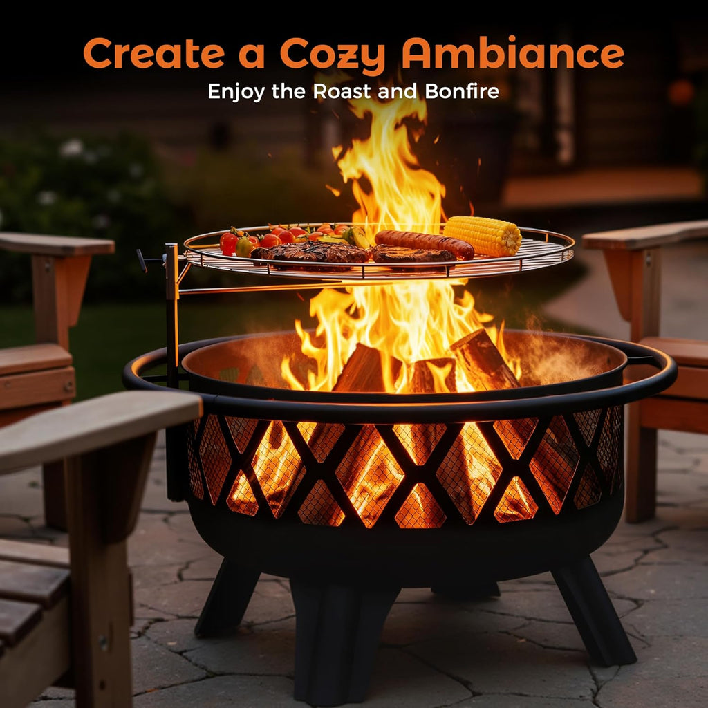 Outdoor Fire Pit for Wood, Portable Fire Pits for Outside Wood Burning, Patio Firepits for Outside with Grill