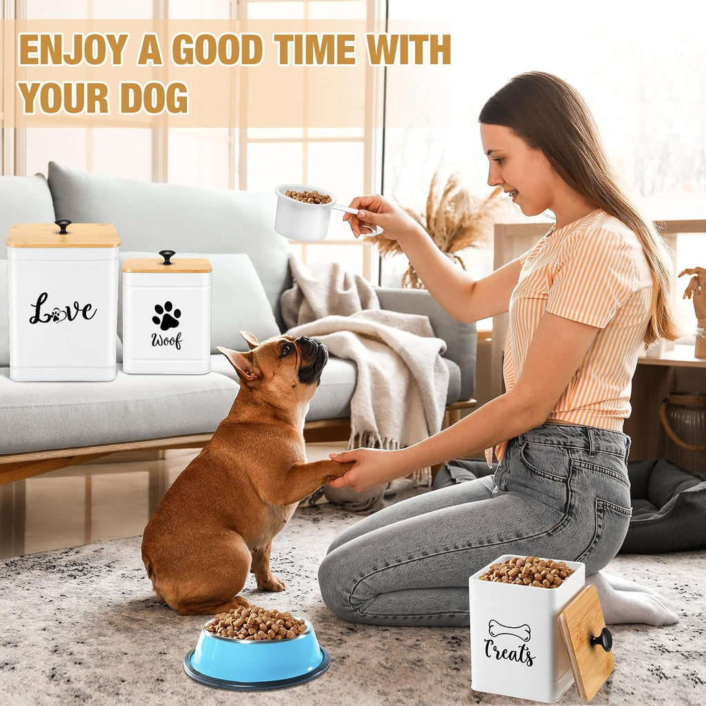 Metal Dog Treat Containers Set of 3 with Bamboo Lids and Spoon Airtight 7+3+2 lbs Dog Food Snack Jars with DIY Labels