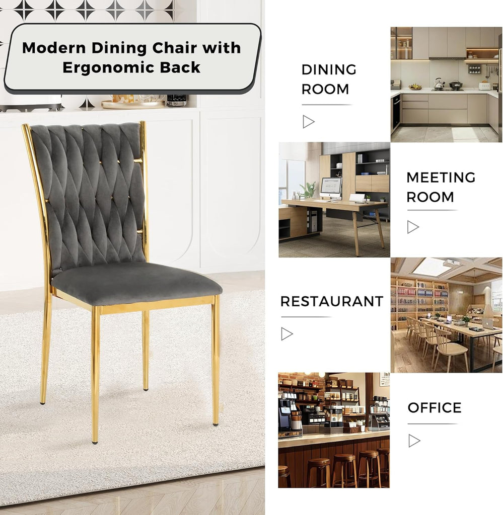 Velvet Dining Chairs Set of 4, Modern Woven Kitchen Chairs with Gold Metal Legs, Upholstered Cushion with High Back