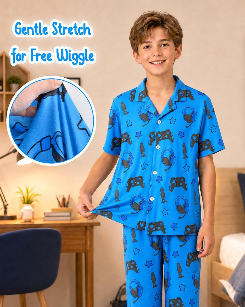 Boys Pajamas Big Boys Pjs Set Short Sleeves and Pants Sleepwear for Kids Button-Down Jammies Loungewear