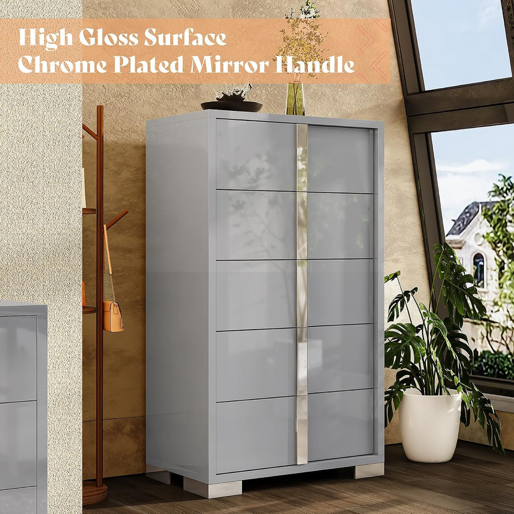 5 Drawer Dresser with Glossy Finish, Modern Storage Chest, Grey | 50.2" Tall Dresser, Storage Organizer, High Gloss