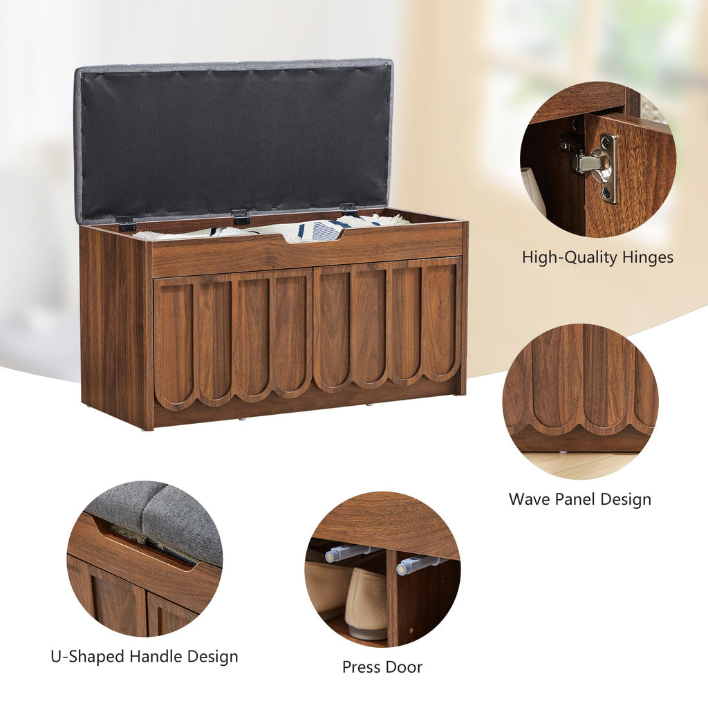 Shoe Storage Bench with Cushion, Entryway Shoe Cabinet Bench with 2 Scalloped Doors & Adjustable Shelf, 2-Tier Shoe