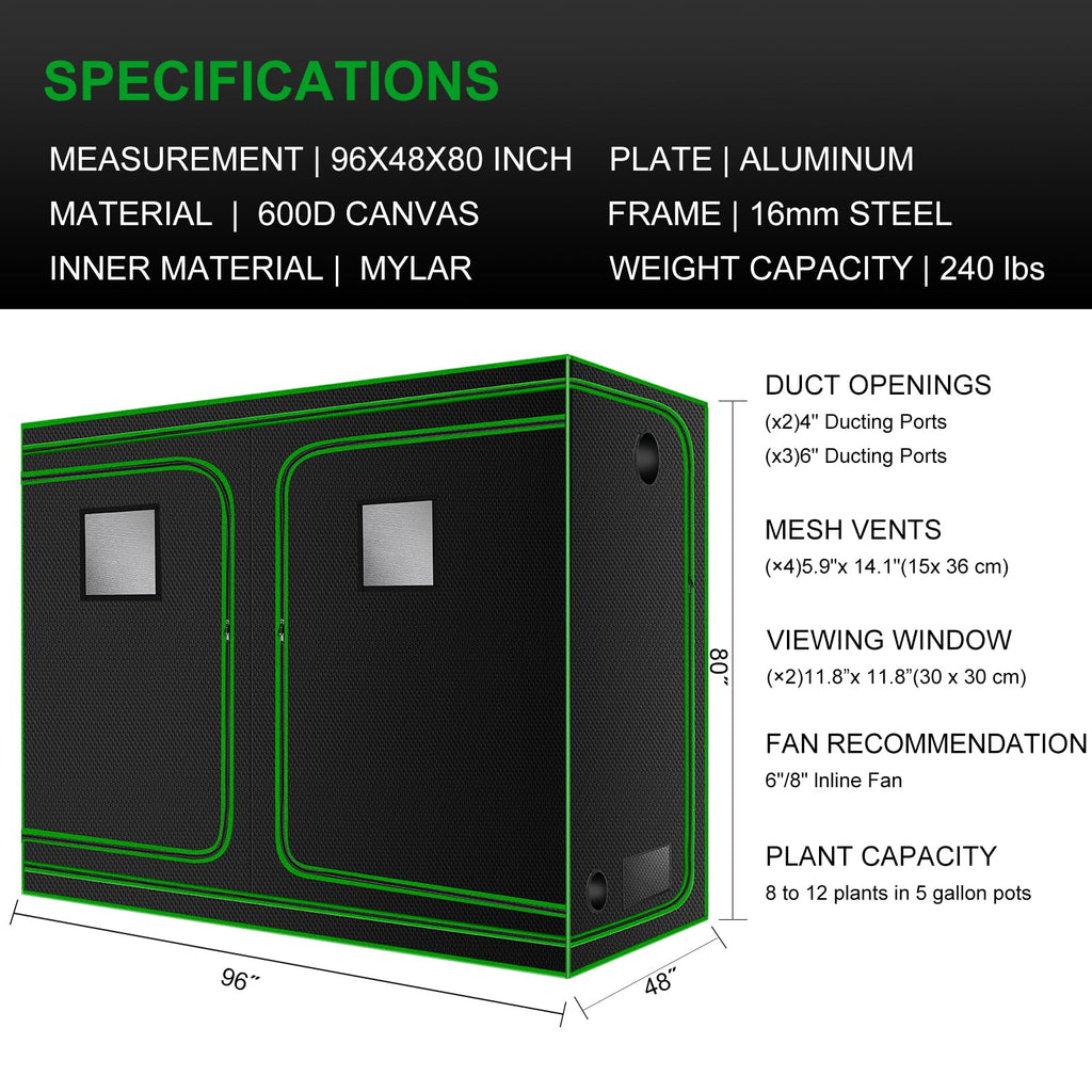 4x8 Grow Tent, 96"x48"x80" High Reflective 600D Diamond Mylar Canvas with Observation Window and Floor Tray for