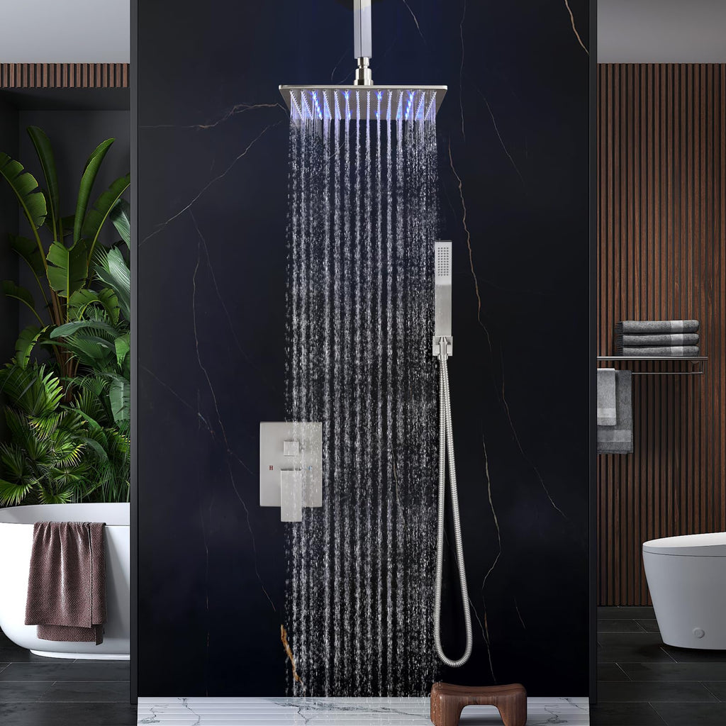 Ceiling Shower Faucet Set with Handheld 12" LED Head Brushed Nickel