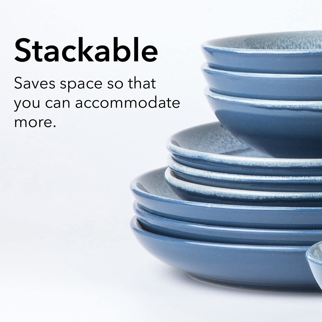 Round Stoneware 16pc Dinnerware Set for 4, Dinner Plates, Side Plates, Cereal Bowls, Mugs - Reactive Glaze Blue