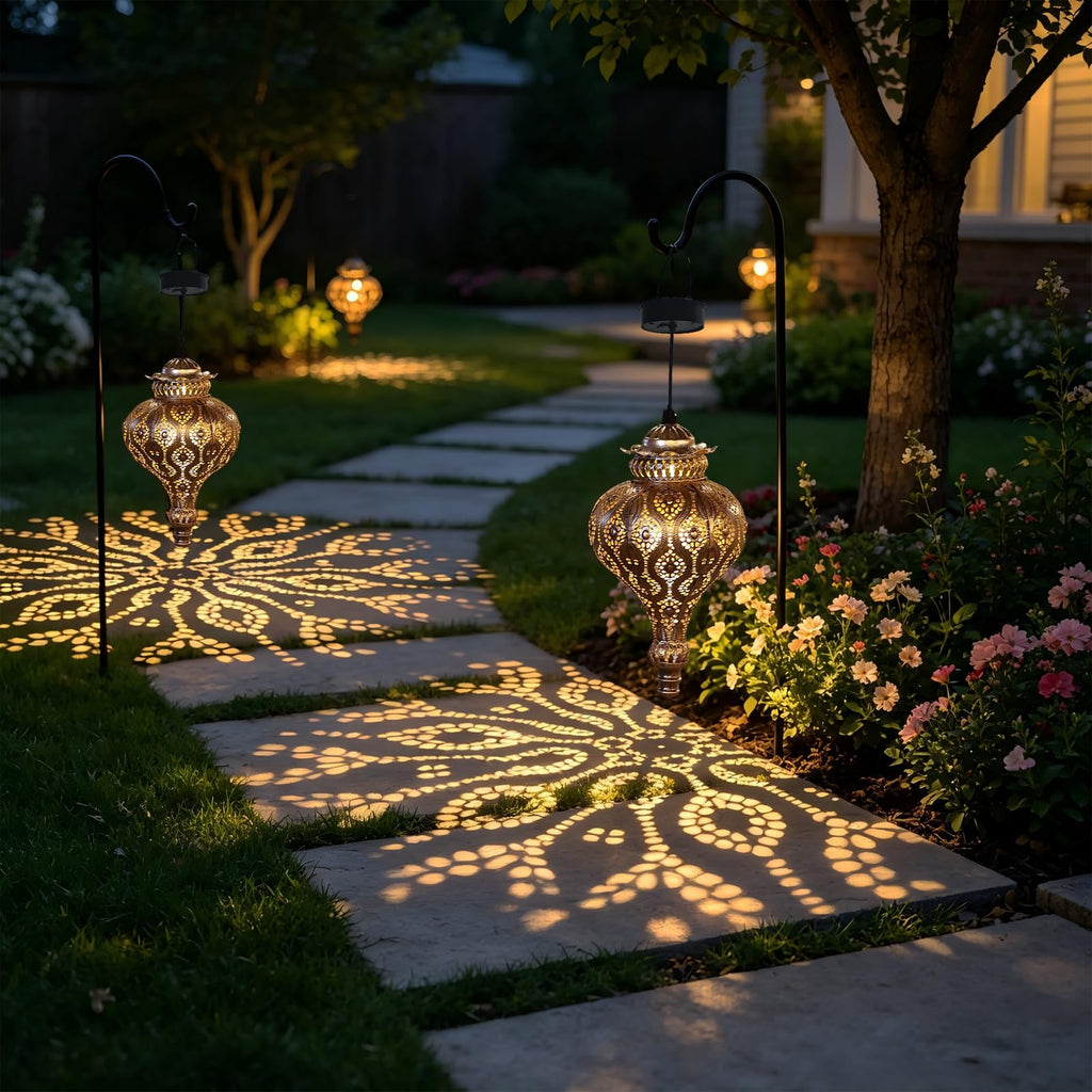 Moroccan Solar Lanterns Outdoor Waterproof with Shepherds Hook Garden Decor