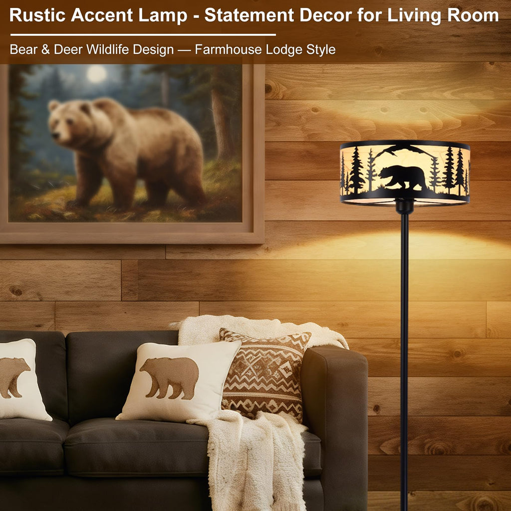 Rustic Floor Lamp, Deer Bear Forest Drum Shade Black Farmhouse Standing Light, 57.67" Metal Gothic Floor Lamp, Corner