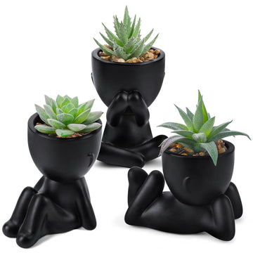 3 Pack Black Human Pot Fake Succulents Plants Decor