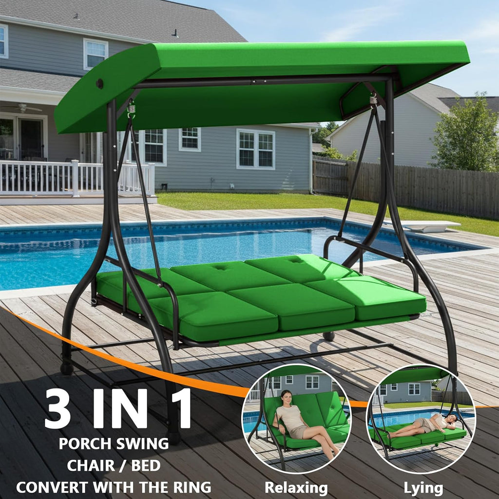 3-Seat Porch Swing with Adjustable Canopy w/Stand, Patio Glider Swings with Removable Cushions, 3 Person Large