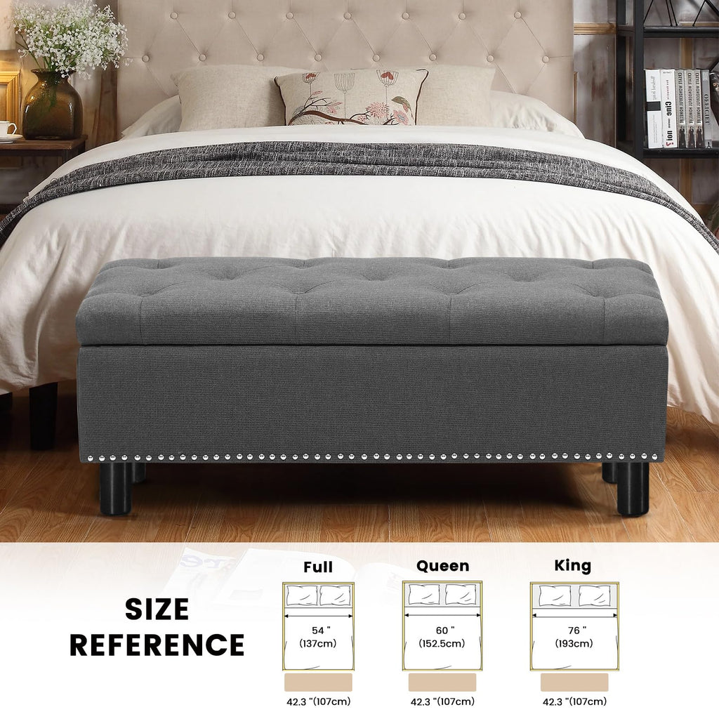 Storage Bench, Upholstered Linen Ottoman Bench with Button-Tufted, Folding Bedroom Bench with Wood Legs, Entryway