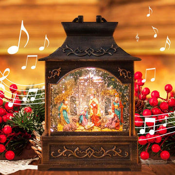 Christmas Nativity Snow Globe Lantern Musical Swirling Glitter Light