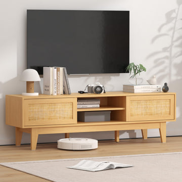 Oak Boho TV Stand for 55-70 inch, Entertainment Center with Rattan Design