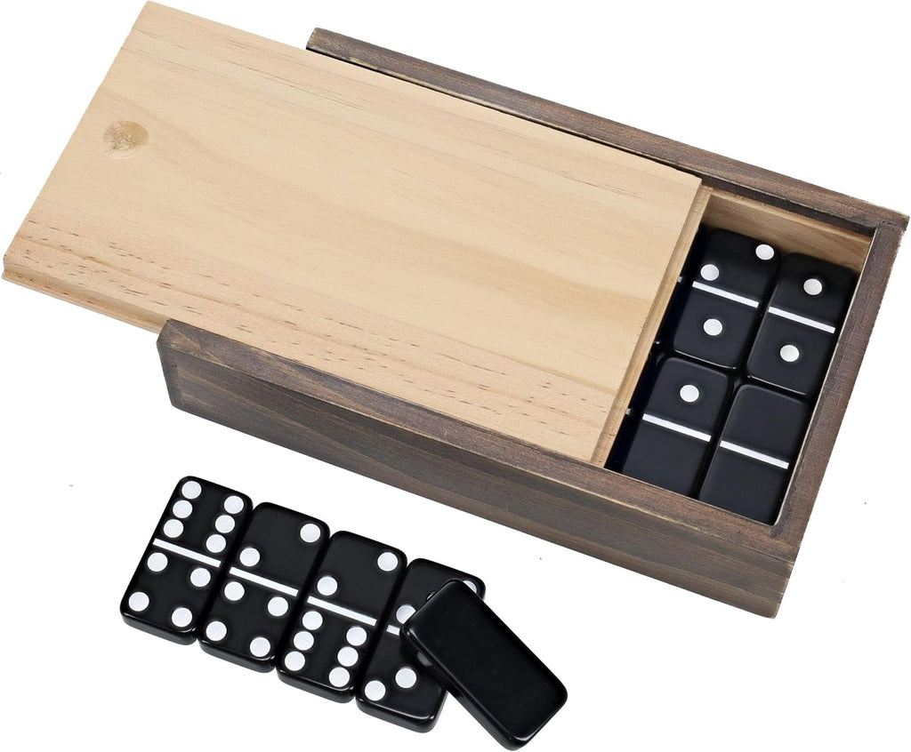 Double 6 Black Dominoes Set in Wooden Storage Case with Sliding Lid, Travel-Sized Domino Game for Adults - Set of 28