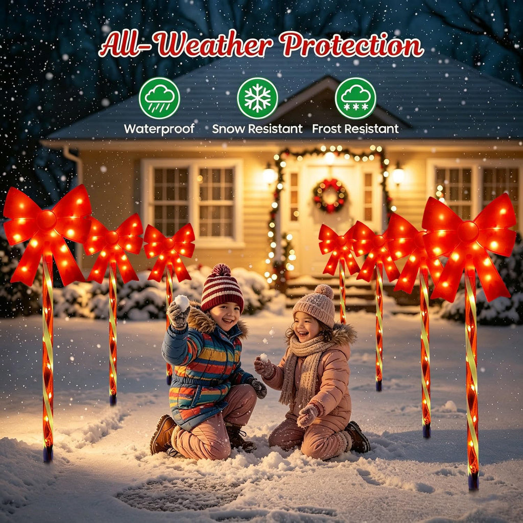 Outdoor Christmas Decorations Solar Pathway Lights, Set of 5 Red Bow Candy Stake Lights, Waterproof Solar Christmas