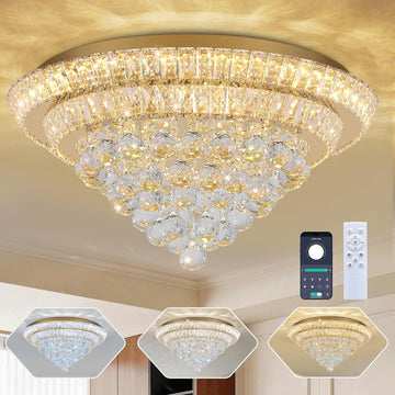 24 inch Crystal Chandeliers With Remote and APP Control, Modern Luxury Flush Mount Gold Chandelier, 3CCT Dimmable
