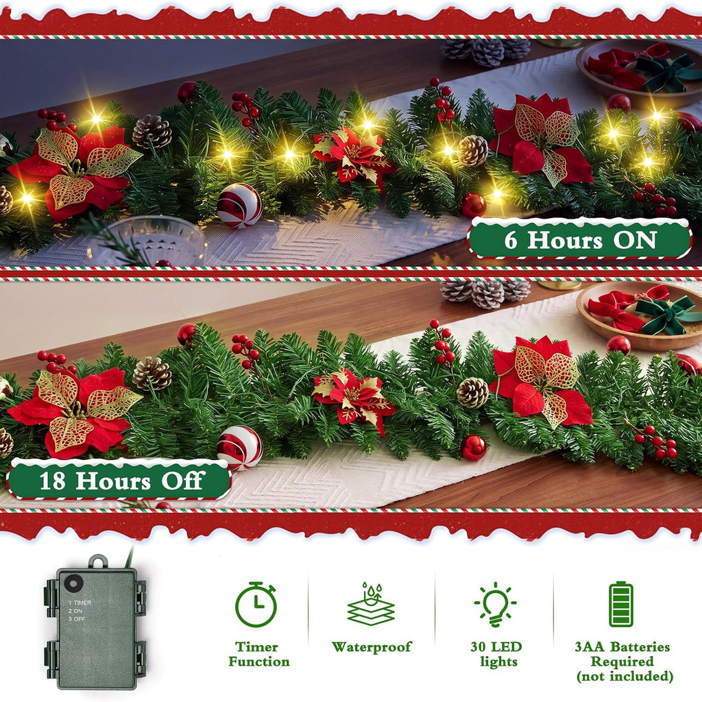 9FT Pre-Lit Christmas Garland with Lights, Battery Operated with Timer