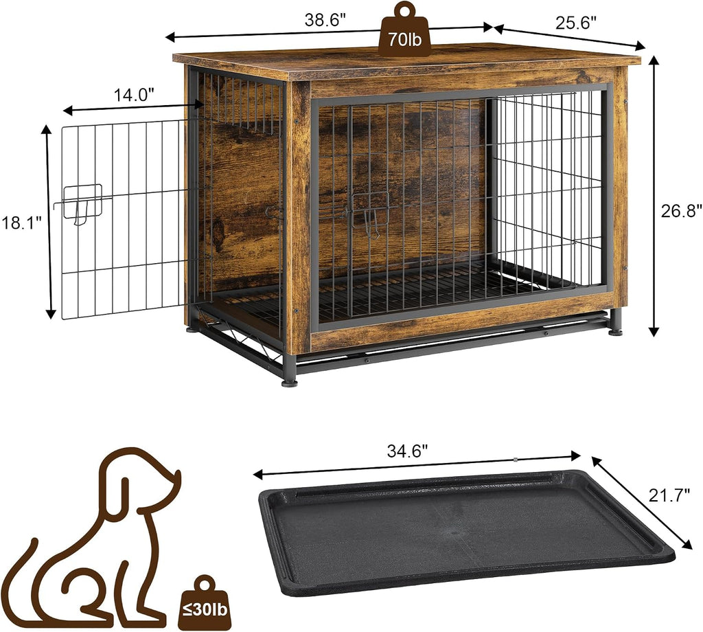 Dog Crate Furniture, Wooden Dogs Crate Table, Double-Doors Dog Furniture, Indoor Dog Kennel, Dog House, Dog
