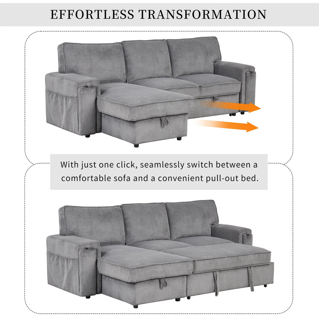 96" Convertible Sleeper Sofa Bed, Modern Corduroy Pull Out Couch with Storage Chaise, L-Shaped Sectional Sofa with