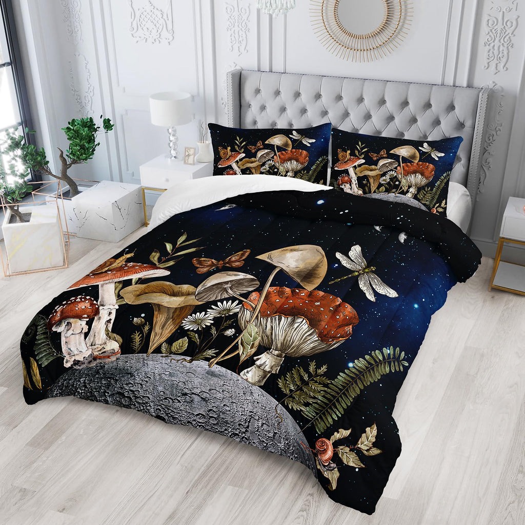Mushroom Bedding Set Full, Black Mushroom Full Comforter Set, Boho Mushroom Bedroom Decor, Full Bedding Sets