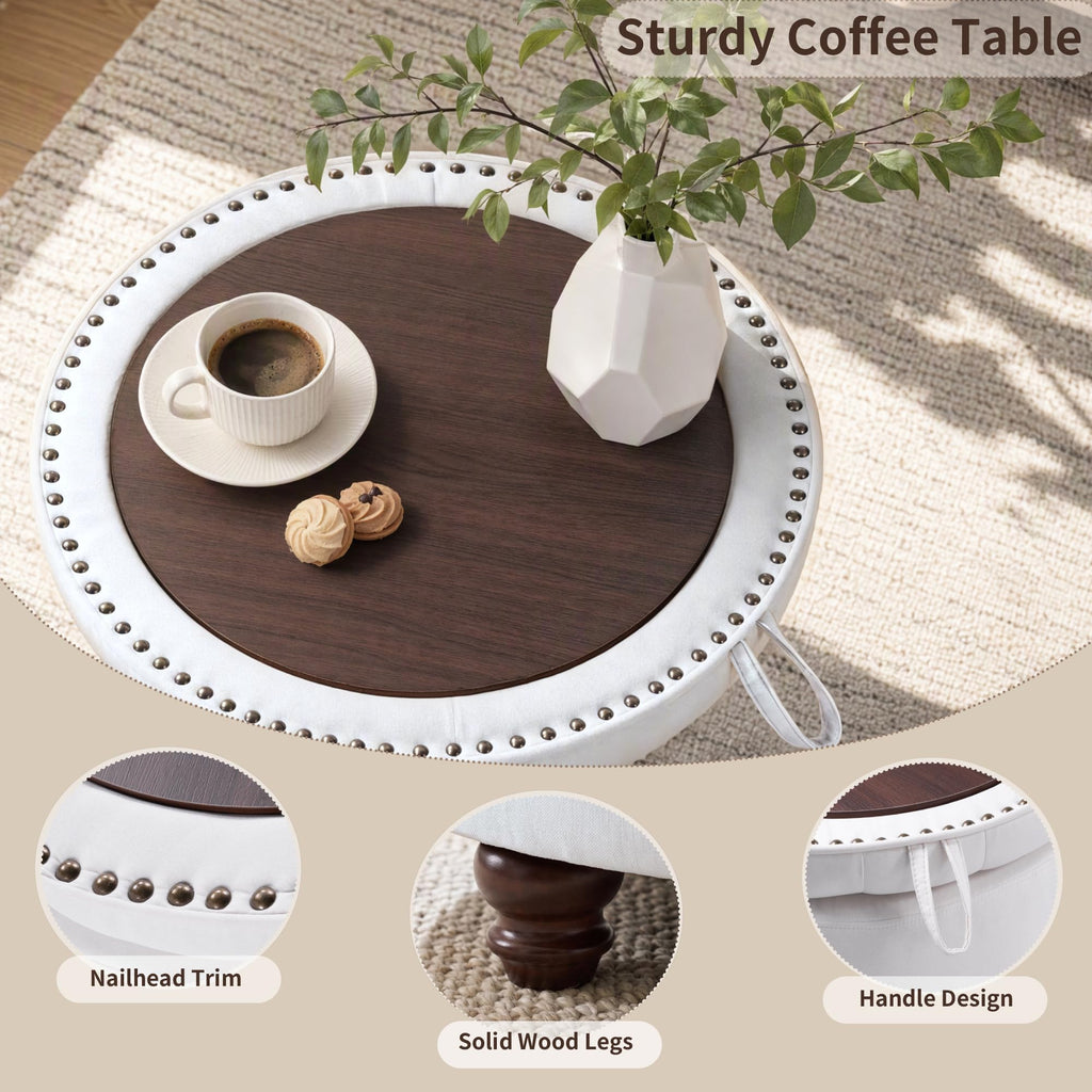 30" Round Storage Ottoman Coffee Table, Tufted Lid & Wood Top, Beige