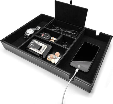 Valet Tray for Men, Nightstand Organizer, Entry Table Organizer, Catch All, Black Faux Leather Box, 6 Compartments