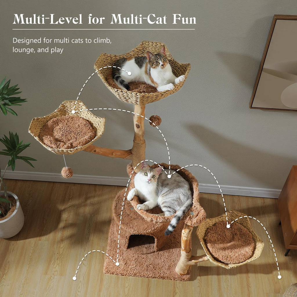 59" Modern Cat Tree for Large Cats, 3 Wicker Baskets & Condo, Brown